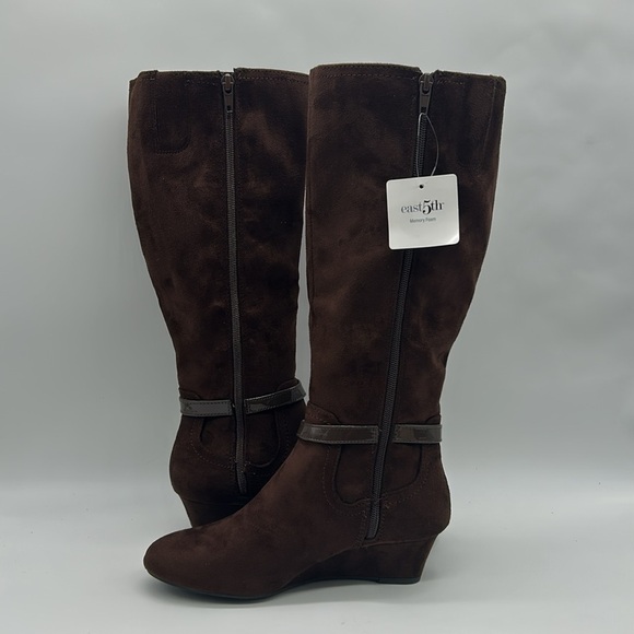 2529- East 5th Brown Over the Knee Boots Wedge Heel & Buckle Strap Size 7M NWT - Picture 5 of 10